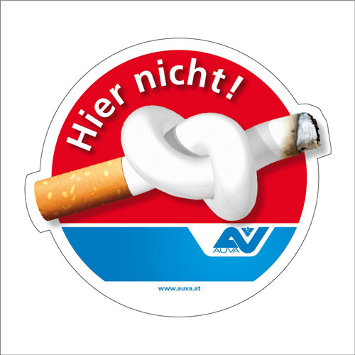 Aufkleber zeigt eine verknotete Zigarette und die Aufschrift "Hier nicht!"