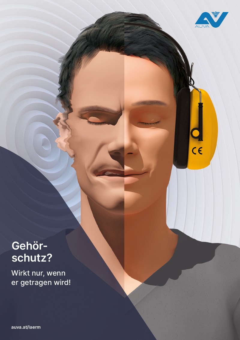 Mann trägt Gehörschutz nur an einem Ohr; Schallwellen gelangen zum nicht geschützten Ohr.