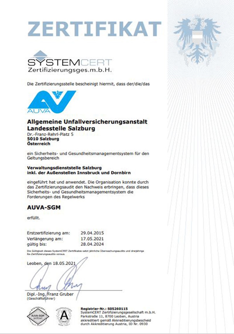 Zertifikat "Einführung des AUVA-SGM in der Landesstelle Salzburg"