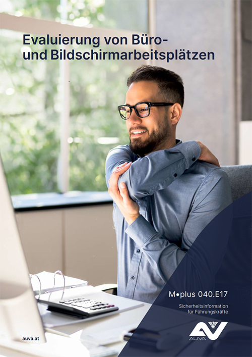 Titelbild des Merkblattes M.plus 040.E17 "Evaluierung von Büro- und Bildschirmarbeitsplätzen"