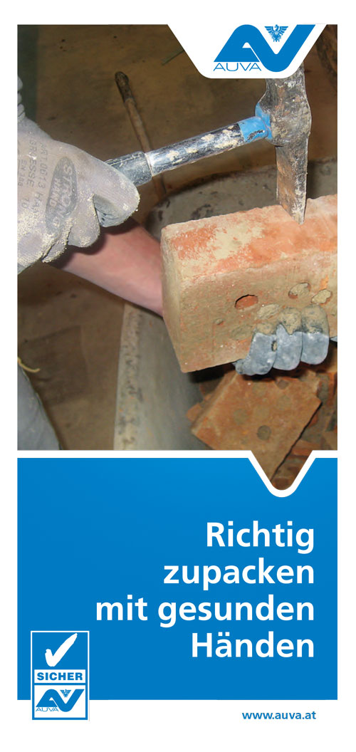 Titelseite des Folders für Vorgesetzte "Bauberufe - Richtig zupacken mit gesunden Händen"