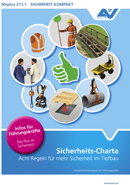 Titelbild des Merkblattes M.plus 211.1 "Sicherheits-Charta - Acht Regeln für mehr Sicherheit im Tiefbau"