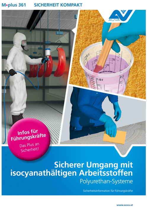 Titelbild des Merkblattes M.plus 361 "Sicherer Umgang mit isocyanathältigen Arbeitsstoffen"