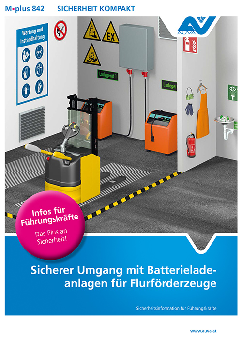 Titelbild des Merkblattes M.plus 842 "Sicherer Umgang mit Batterieladeanlagen für Flurförderzeuge"