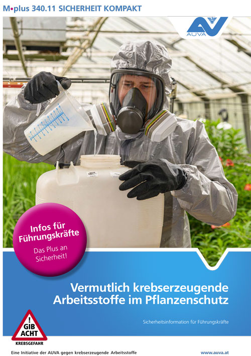 Titelbild des Merkblattes M.plus 340.11 "Vermutlich krebserzeugende Arbeitsstoffe im Pflanzenschutz"
